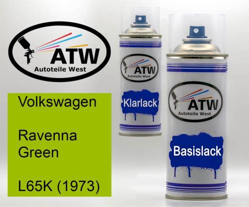 Volkswagen, Ravenna Green, L65K (1973): 400ml Sprühdose + 400ml Klarlack - Set, von ATW Autoteile West.